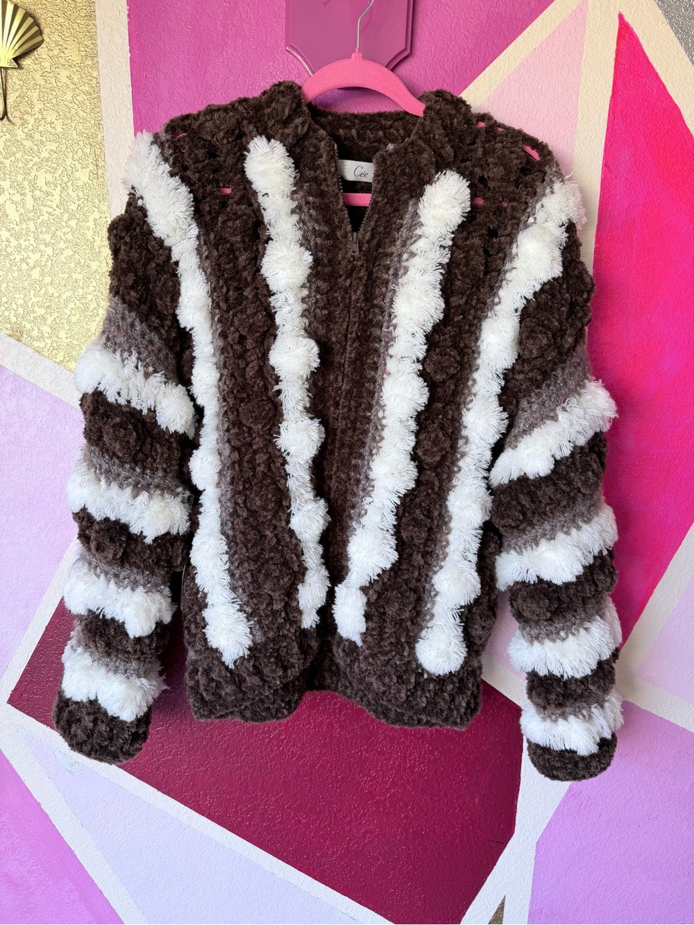 Vintage 90s Cee Brown Stripe Pom-Pom Fuzzy Zip Jacket Novelty Knit XL - Picture 2 of 13